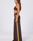 Wide leg contrast stripe pants in chocolate brown with yellow stripes, view 2