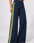 Wide leg contrast stripe pants in navy with yellow stripes, view 4