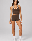 Contrast halter singlet and contrast stripe sculpt shorts set in chocolate brown, view 2