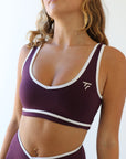 The Fit Sculpt Sports Bra – Purple with White Contrast Trim