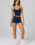 Navy contrast halter singlet styled with matching Contrast Stripe Sculpt Shorts, full length front