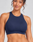 Sculpt Open-Back Crop Top in navy blue, high-neck front view