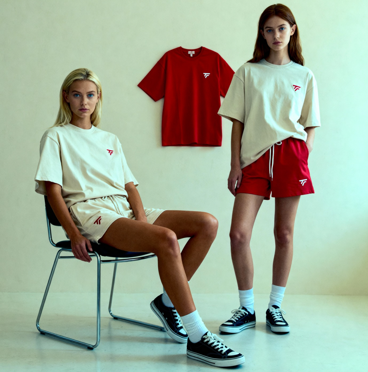 Red and Cream Oversized Tee and Shorts Set