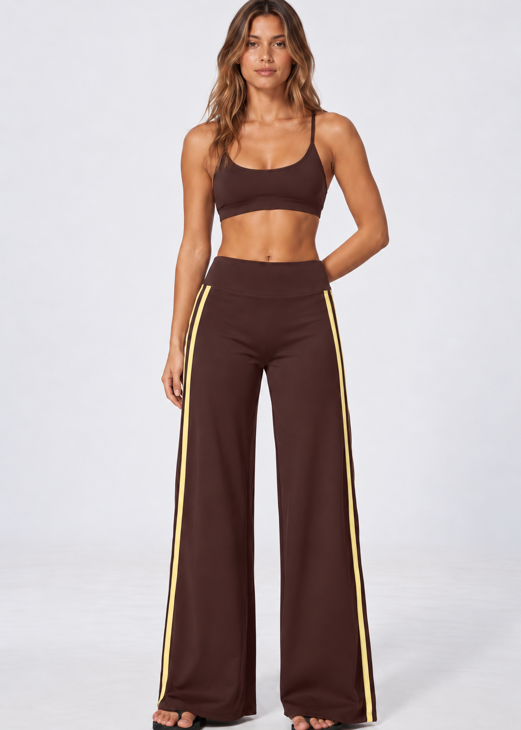Wide leg contrast stripe pants in chocolate brown with yellow stripes, view 1