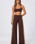 Wide leg contrast stripe pants in chocolate brown with yellow stripes, view 1