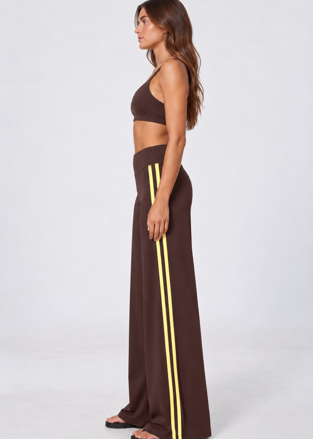 Wide leg contrast stripe pants in chocolate brown with yellow stripes, view 2