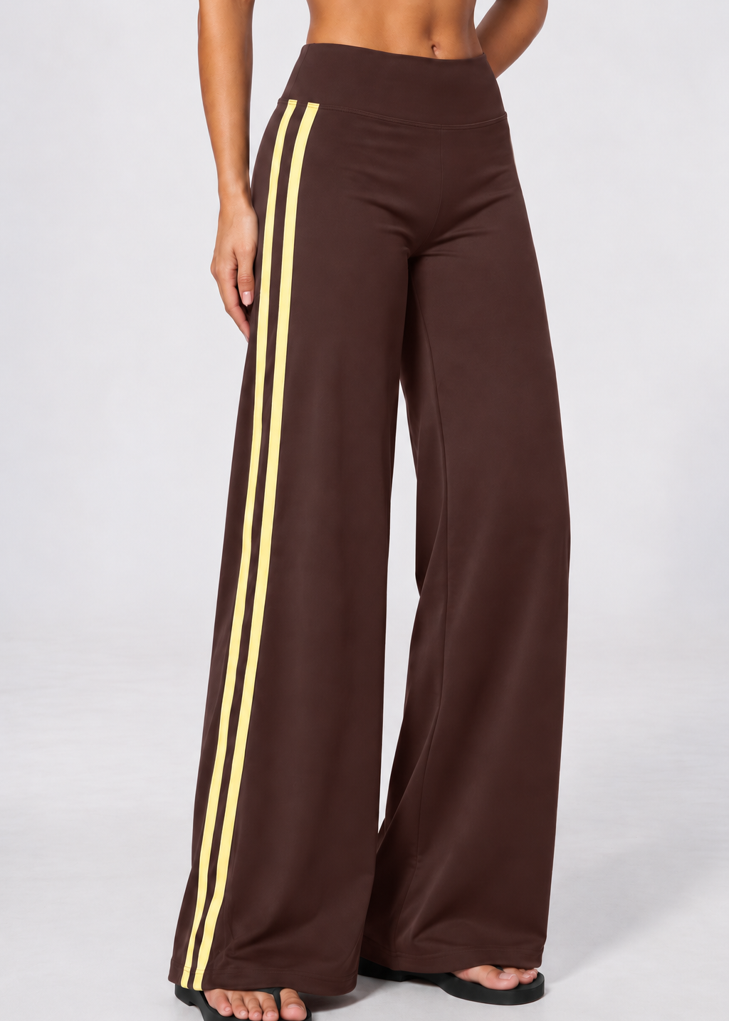 Wide leg contrast stripe pants in chocolate brown with yellow stripes, view 3