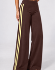 Wide leg contrast stripe pants in chocolate brown with yellow stripes, view 3