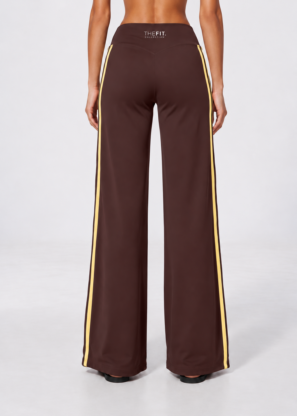 Wide leg contrast stripe pants in chocolate brown with yellow stripes, view 4