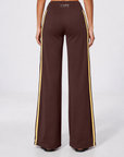 Wide leg contrast stripe pants in chocolate brown with yellow stripes, view 4