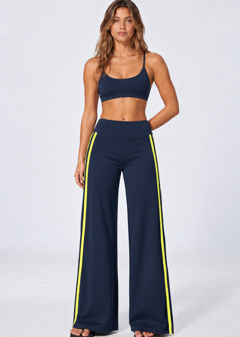 Wide leg contrast stripe pants in navy with yellow stripes, view 1