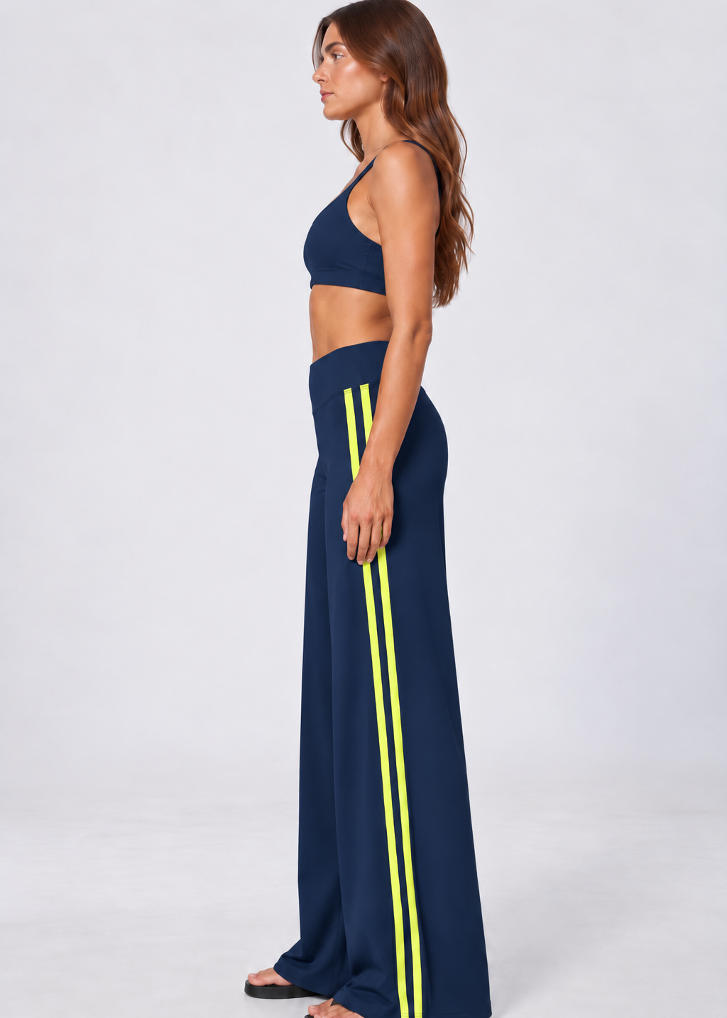Wide leg contrast stripe pants in navy with yellow stripes, view 2
