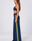 Wide leg contrast stripe pants in navy with yellow stripes, view 2