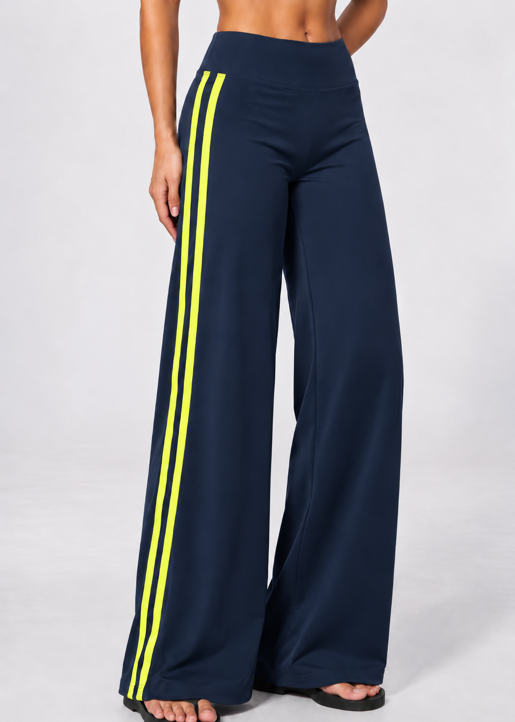 Wide leg contrast stripe pants in navy with yellow stripes, view 4