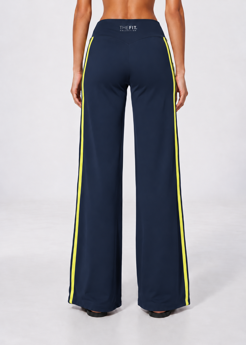 Wide leg contrast stripe pants in navy with yellow stripes, view 3
