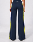 Wide leg contrast stripe pants in navy with yellow stripes, view 3