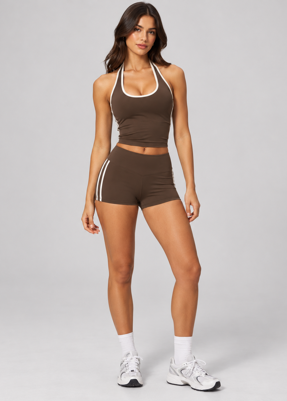 Contrast halter singlet and contrast stripe sculpt shorts set in chocolate brown, view 2