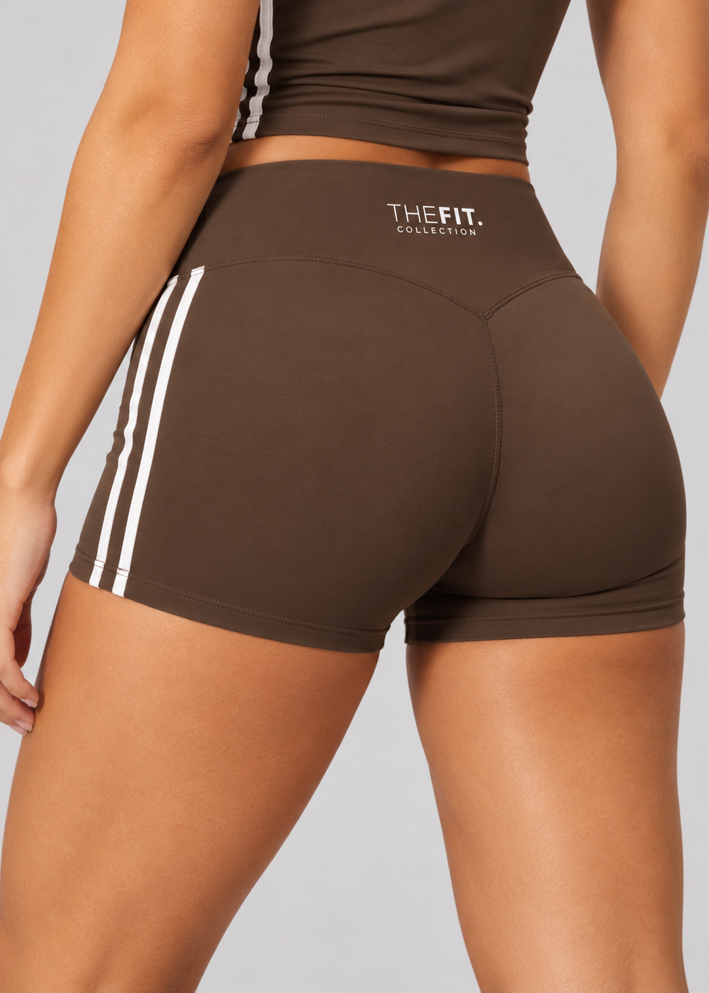 Contrast stripe sculpt shorts in chocolate brown, side view