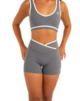 The Fit Sculpt V-Waist Training Shorts – Slate Blue with Contrast White Trim