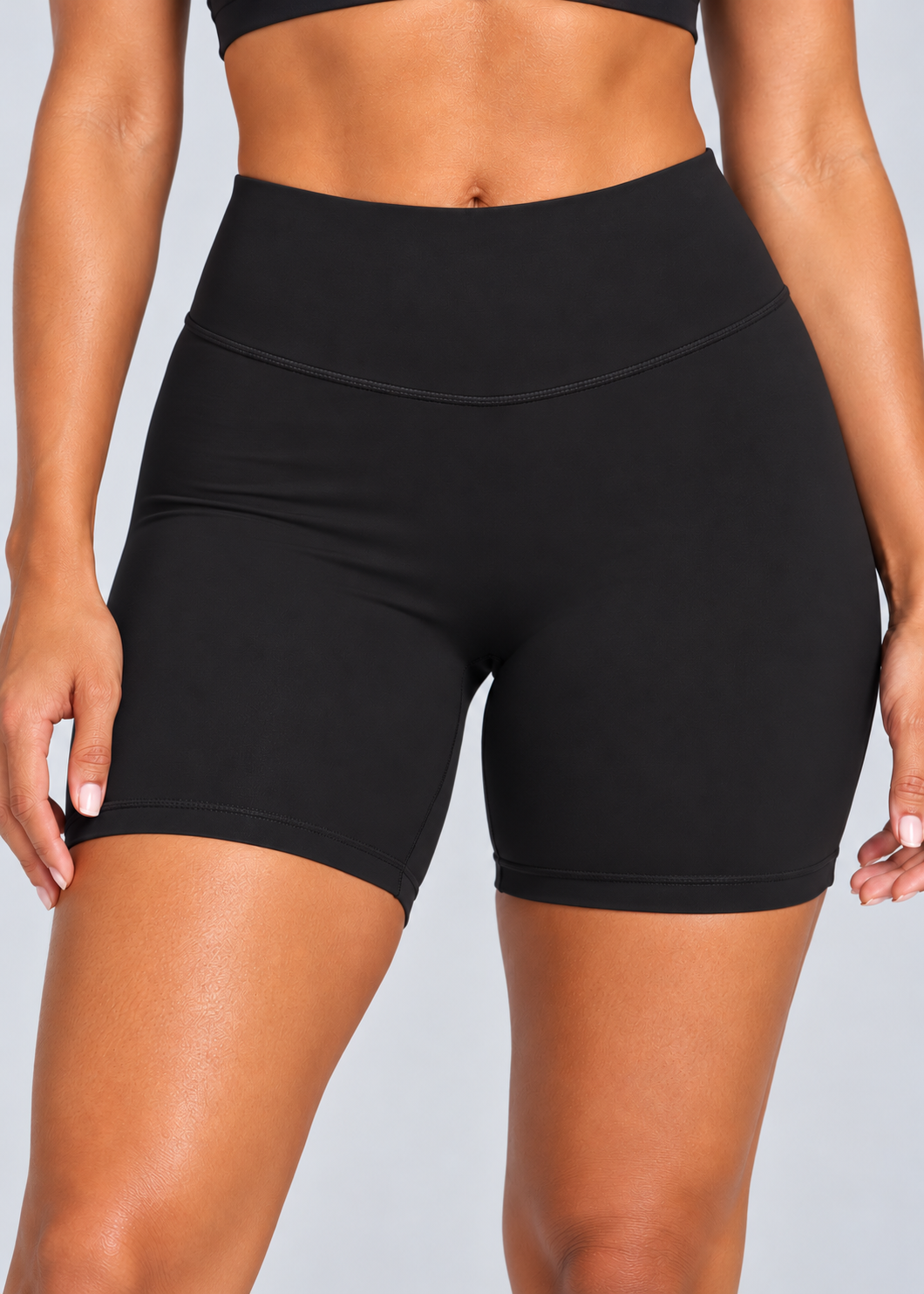 Sculpt Bike Shorts in black, front view showing high-rise waistband