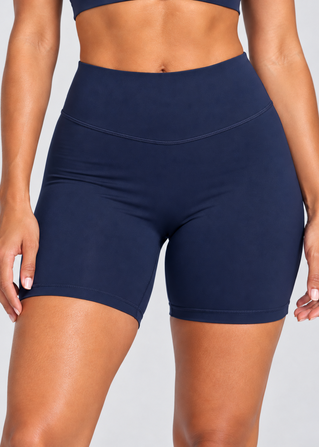 Sculpt Bike Shorts in navy blue, front view showing high-rise waistband