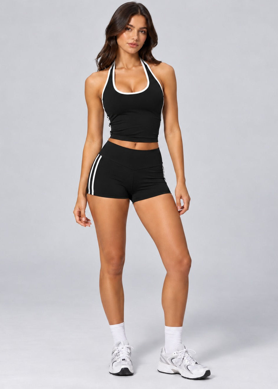 Black contrast halter singlet styled with matching Contrast Stripe Sculpt Shorts, full length front