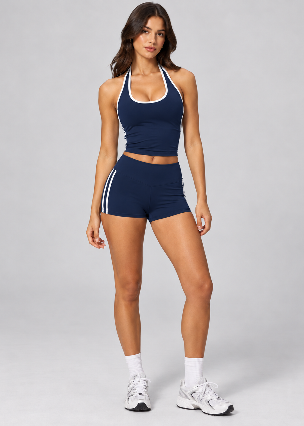 Navy contrast halter singlet styled with matching Contrast Stripe Sculpt Shorts, full length front
