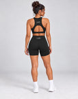 Black sculpt bike shorts and crop top set, full length back view