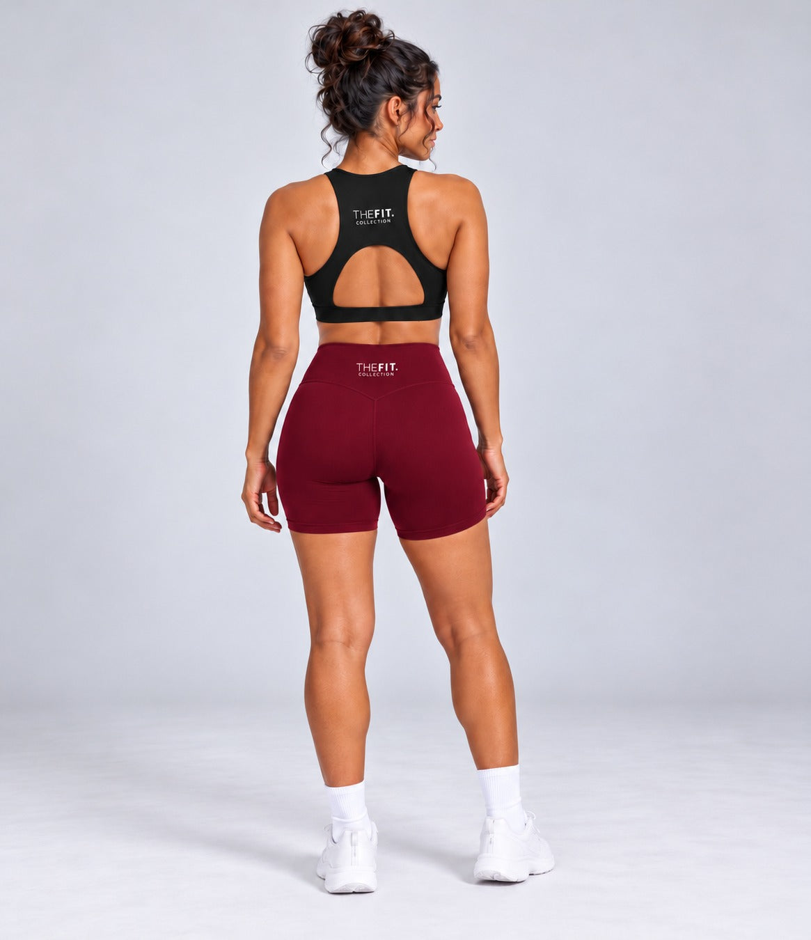 Burgundy sculpt bike shorts, full length back view