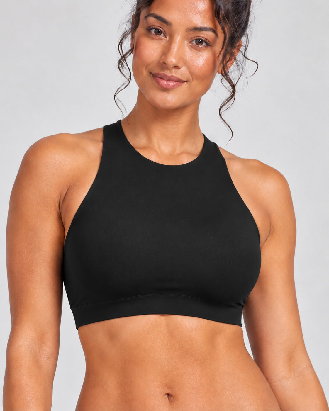 Sculpt Open-Back Crop Top in black, high-neck front view